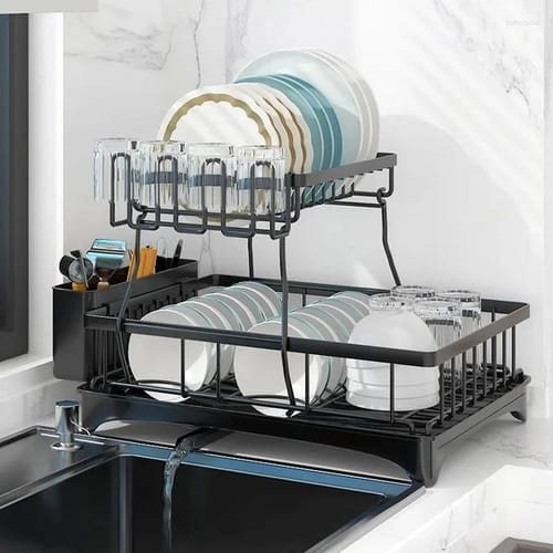 Kitchen Storage 2-tier Dish Drying Rack With Drainboard Utensil Holder Cups & Extra Mat - Black European Cosina