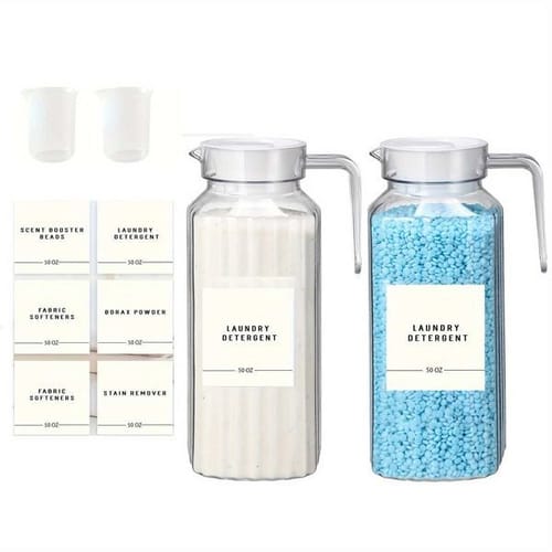 2 Pcs Laundry Detergent Dispenser Fabric Softener Dispenser Organizer Box With Measuring Cups Laundry Soap Bleach Container Y251126