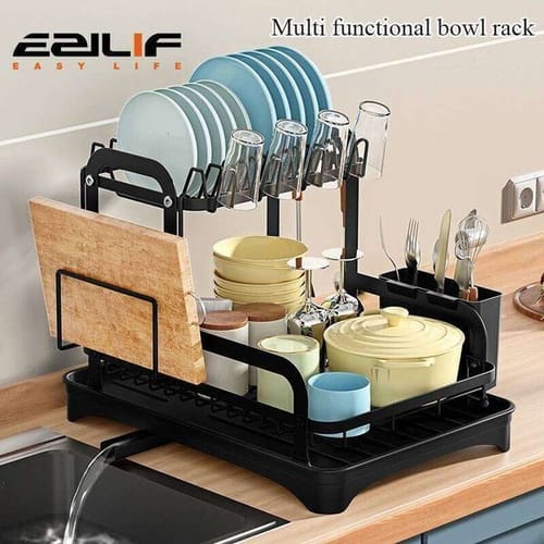 2 Tier Dish Bowl Drainer Storage Rack Kitchen With Drain Basket Countertop Dinnerware Organizer Drainboard 26h0206
