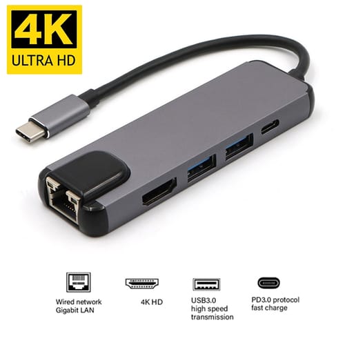 Usb C To Rj45 Hd-mi Usb 3.0 Type C Port Hub Extender Gigabit Ethernet Lan 4k Thunderbolt 3 Usb-c Charger Gray