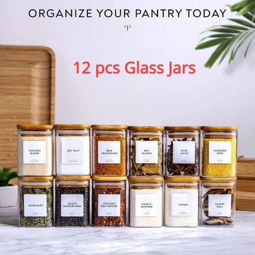 12 Pcs Square Or Round Glass Food Storage Containers Seasonning Jars With Bamboo Lid Printed Labels Kitchen Organization 240520