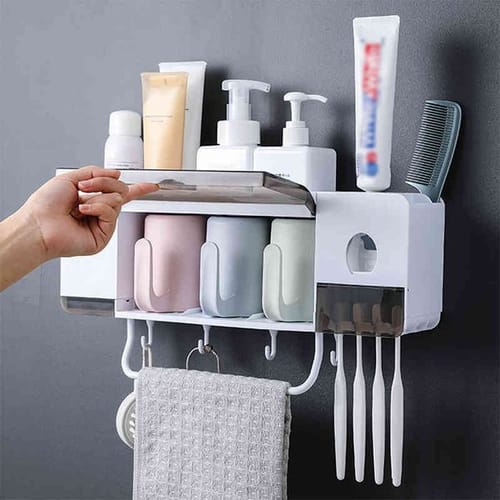 Wall Mounted Toothbrush Holder With Cups Automatic Toothpaste Squeezer Dispenser Bathroom Storage Rack Bathroom Accessories Sets 210322