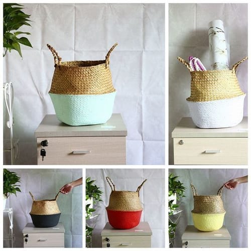 Whism Foldable Wickerwork Storage Basket Hanging Decorative Baskets Garden Flower Pot Rattan Planter Seagrass Laundry Basket Lj201204
