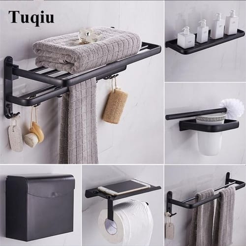 Black Bathroom Accessories Set Space Aluminum Bath Hardware Sets Towel Rack,paper Holder Toilet Brush Holder Robe Hooks Lj201211