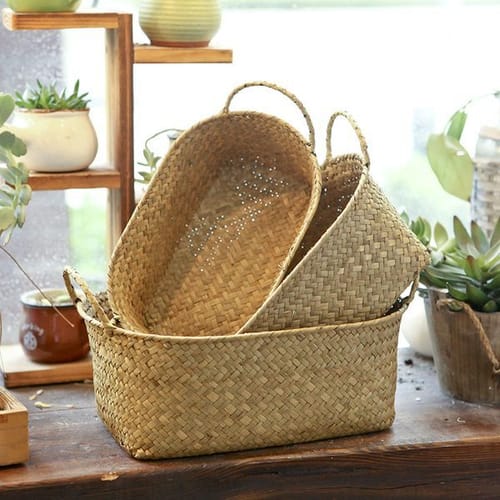 Whism Handmade Woven Storage Basket Straw Food Container Makeup Organizer Rattan Bread Fruit Case Holder Seagrass Wicker Basket Lj201204
