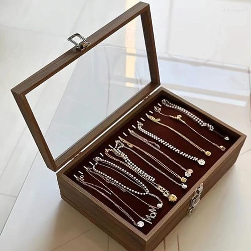 Storage Boxes 1pc Glass Lid Jewelry Box With 20 Hooks Stackable Necklace Case Bracelet And Choker Chain Display Organizer