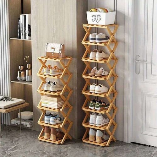 Size: Default - Folding Bamboo Rack, Multi-layer Narrow Space Saving Storage Organizer No-installation Required Shoe Shelf For Small Spaces 26h0127