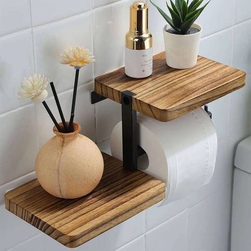 1pc Wooden Wall Mounted Bathroom Wallpaper Rack Toilet Paper Holder Black Hanging Tissue Roll Dispenser Kitchen Accessories 26w0131