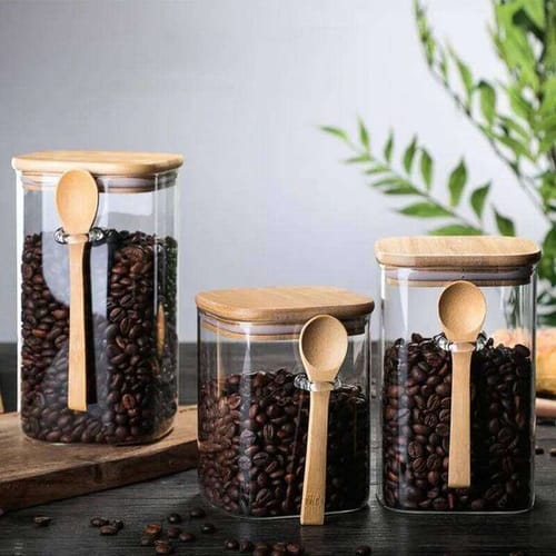 Square Storage Jar With Bamboo Lids Spoon Glass Coffee Canister Food Container For Beans Pasta Candy Spice Rice Loose Tea 26y0203