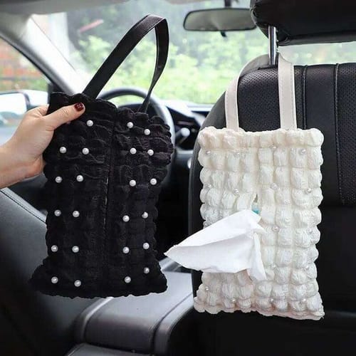 Pretty Girl Pearls Puff Grid Tissue Box Auto Seat Headrest Hanging Paper Tower Holder Organizer Car Interior Accessories 26w0206