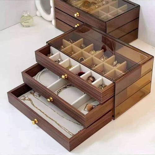 Size: Default - Multi-layer Wooden Box Transparent Window Rings Necklace Jewelry Storage Case Organizer Bracelet Earrings 26y0206