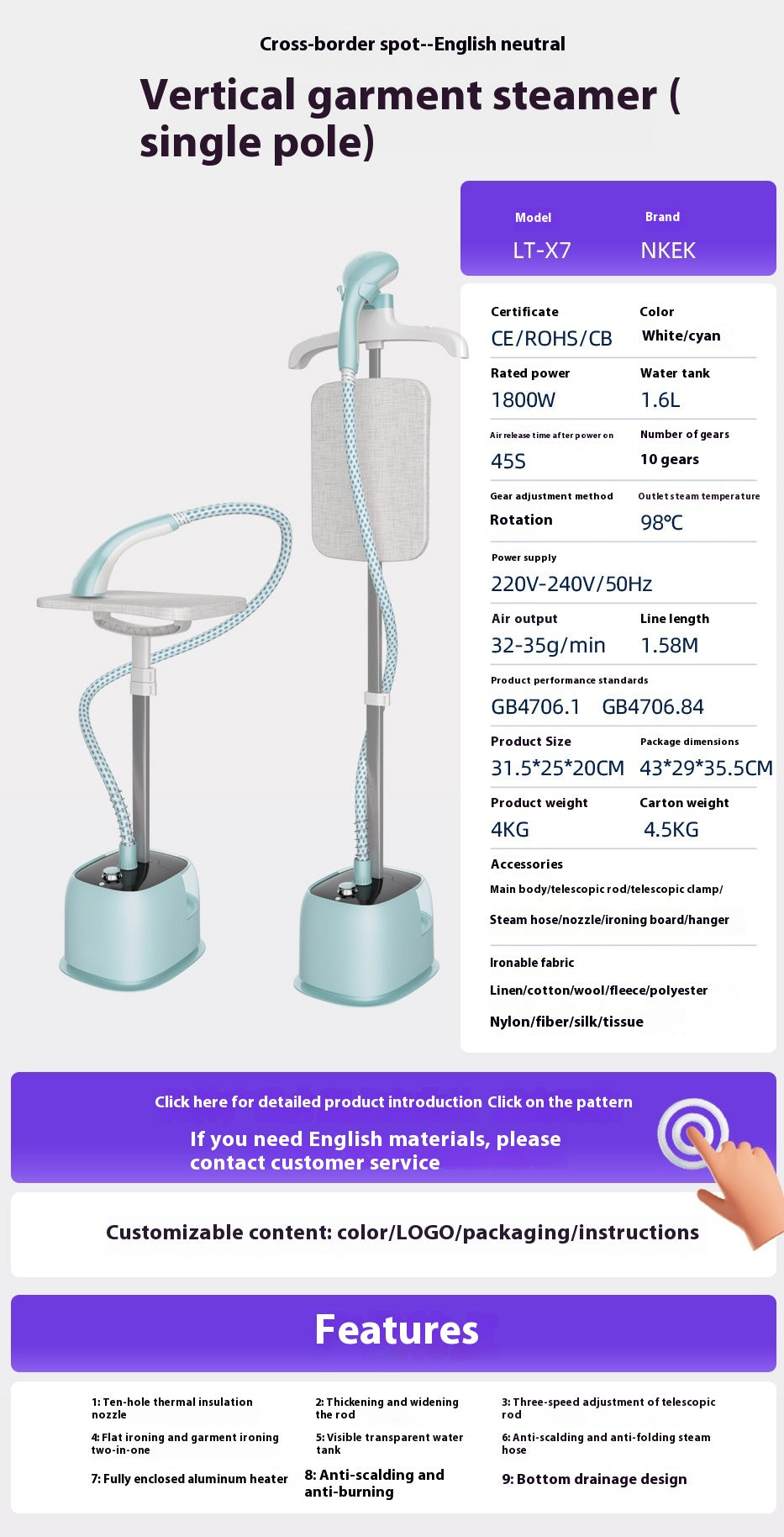 Color: Lt X7 Cardamom Green High End, Power Supply: European Standard - Hanging Ironing Machine Household Single Rod Vertical Belt Ironing Board
