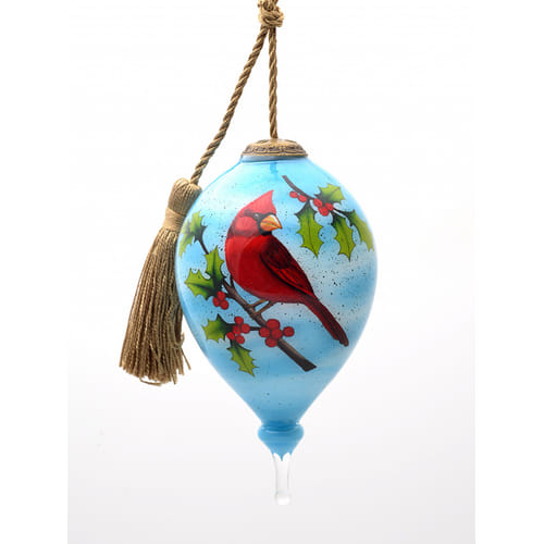 Red Cardinal On Christmas Holly Branches Hand Painted Mouth Blown Glass Ornament