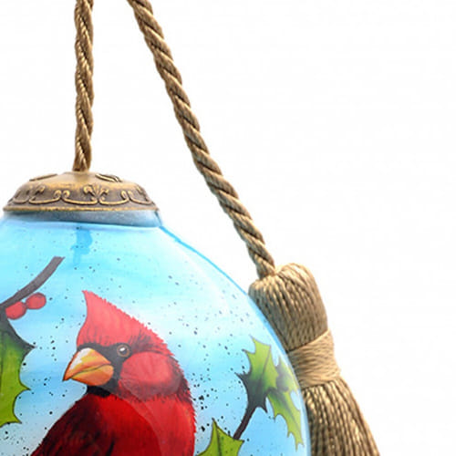 Red Cardinal On Christmas Holly Branches Hand Painted Mouth Blown Glass Ornament