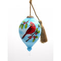 Red Cardinal On Christmas Holly Branches Hand Painted Mouth Blown Glass Ornament