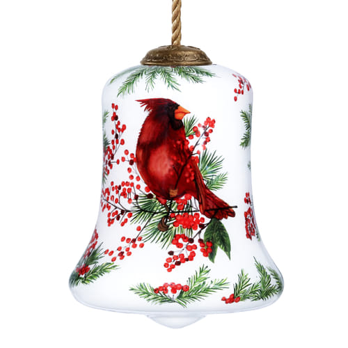 Cardinal Perched On Winter Berries Hand Painted Mouth Blown Glass Ornament