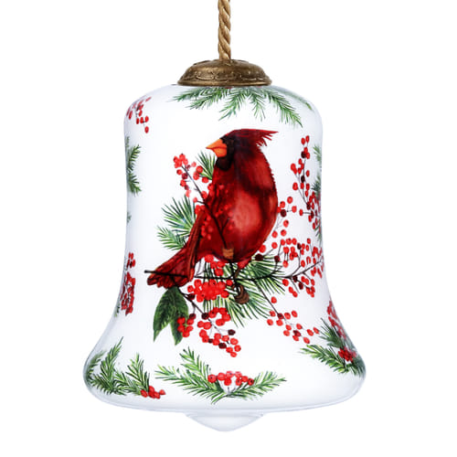 Cardinal Perched On Winter Berries Hand Painted Mouth Blown Glass Ornament