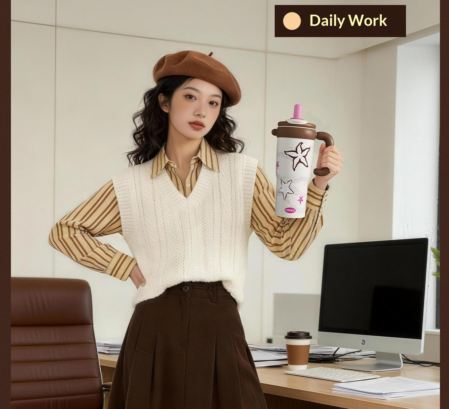 Style: Pink, Specifications: Add Cleaning Tools - Household Item Leopard-print Straw Water Cup