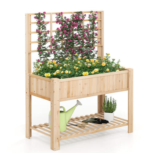 Raised Garden Bed With Trellis Wooden Elevated Planter Box With Legs-natural - Color: Natural