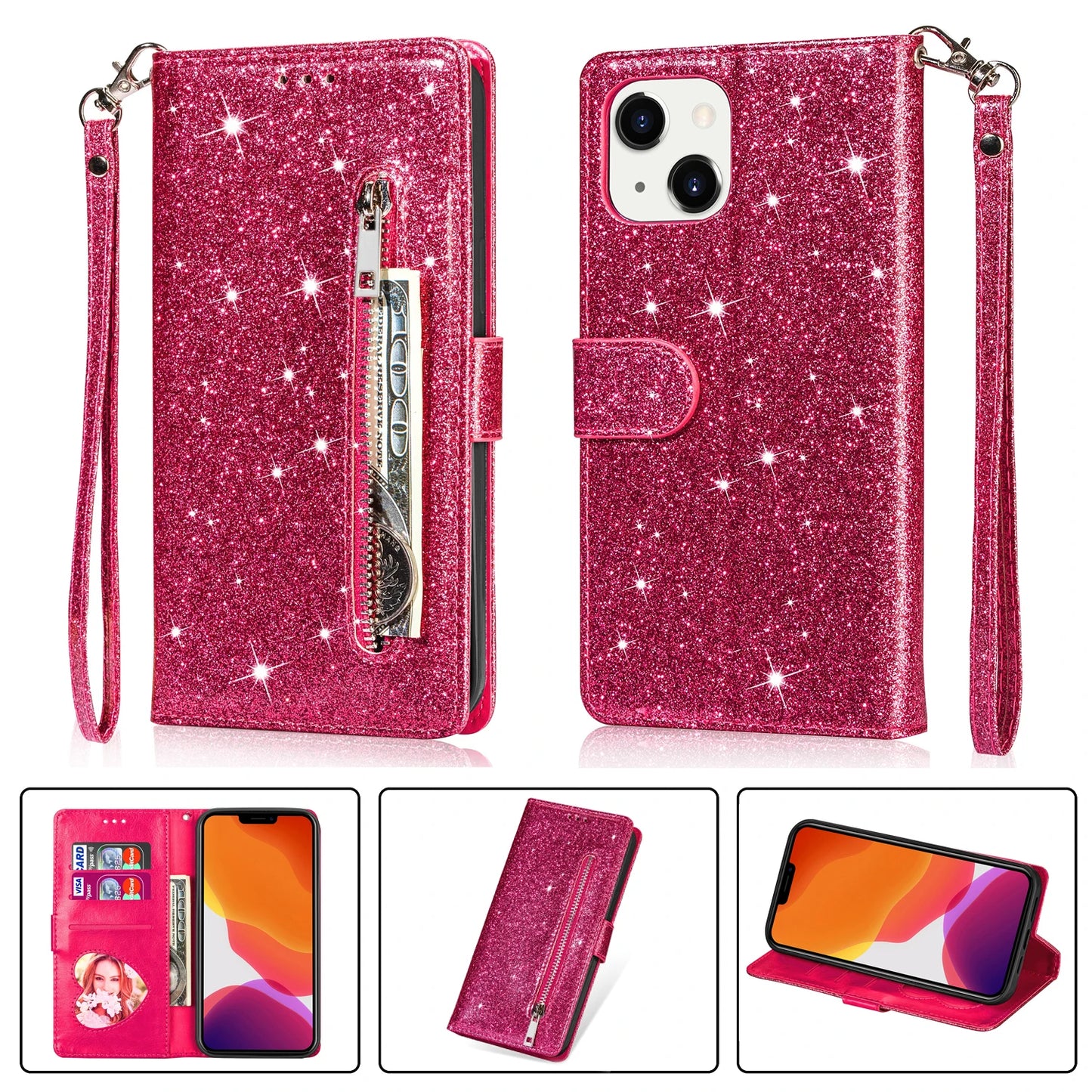 Color: Beige, Material: Cotton Fabric - Zipper Flip Wallet Glitter Leather Case For Iphone 16 15 14 13 12 11 Pro Max Xs Xr 8 7 Plus Se 2022 Mini Bling Stand Phone Cover
