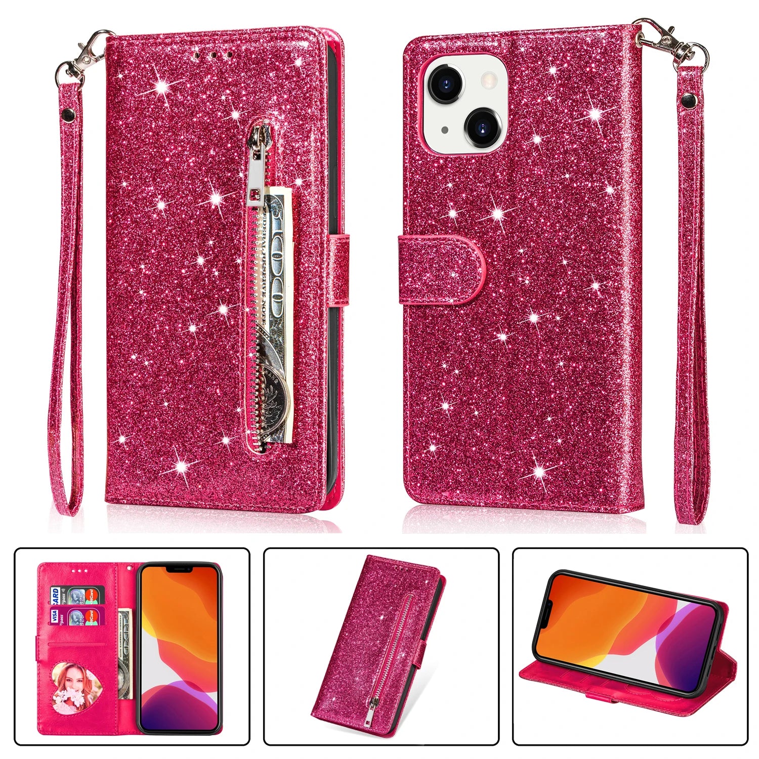 Color: Beige, Material: Cotton Fabric - Zipper Flip Wallet Glitter Leather Case For Iphone 16 15 14 13 12 11 Pro Max Xs Xr 8 7 Plus Se 2022 Mini Bling Stand Phone Cover