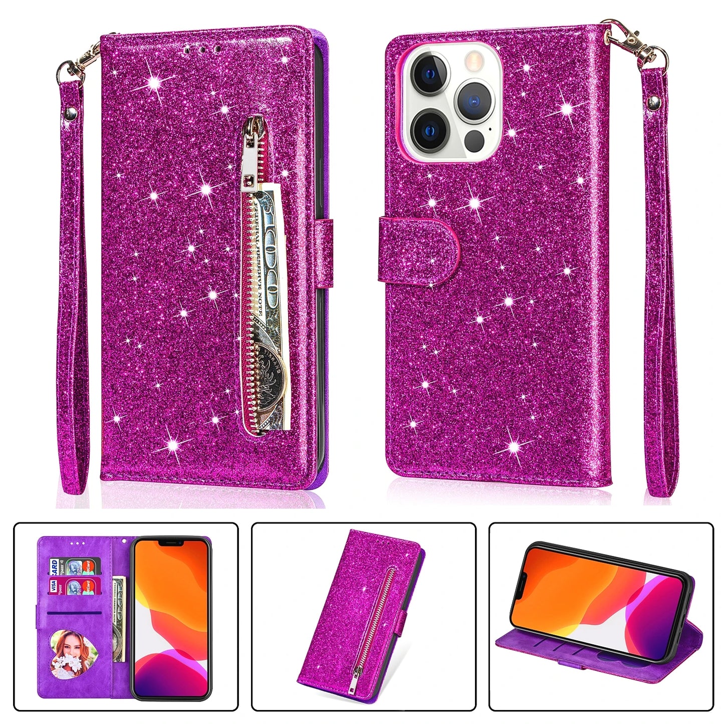 Color: Beige, Material: Cotton Fabric - Zipper Flip Wallet Glitter Leather Case For Iphone 16 15 14 13 12 11 Pro Max Xs Xr 8 7 Plus Se 2022 Mini Bling Stand Phone Cover