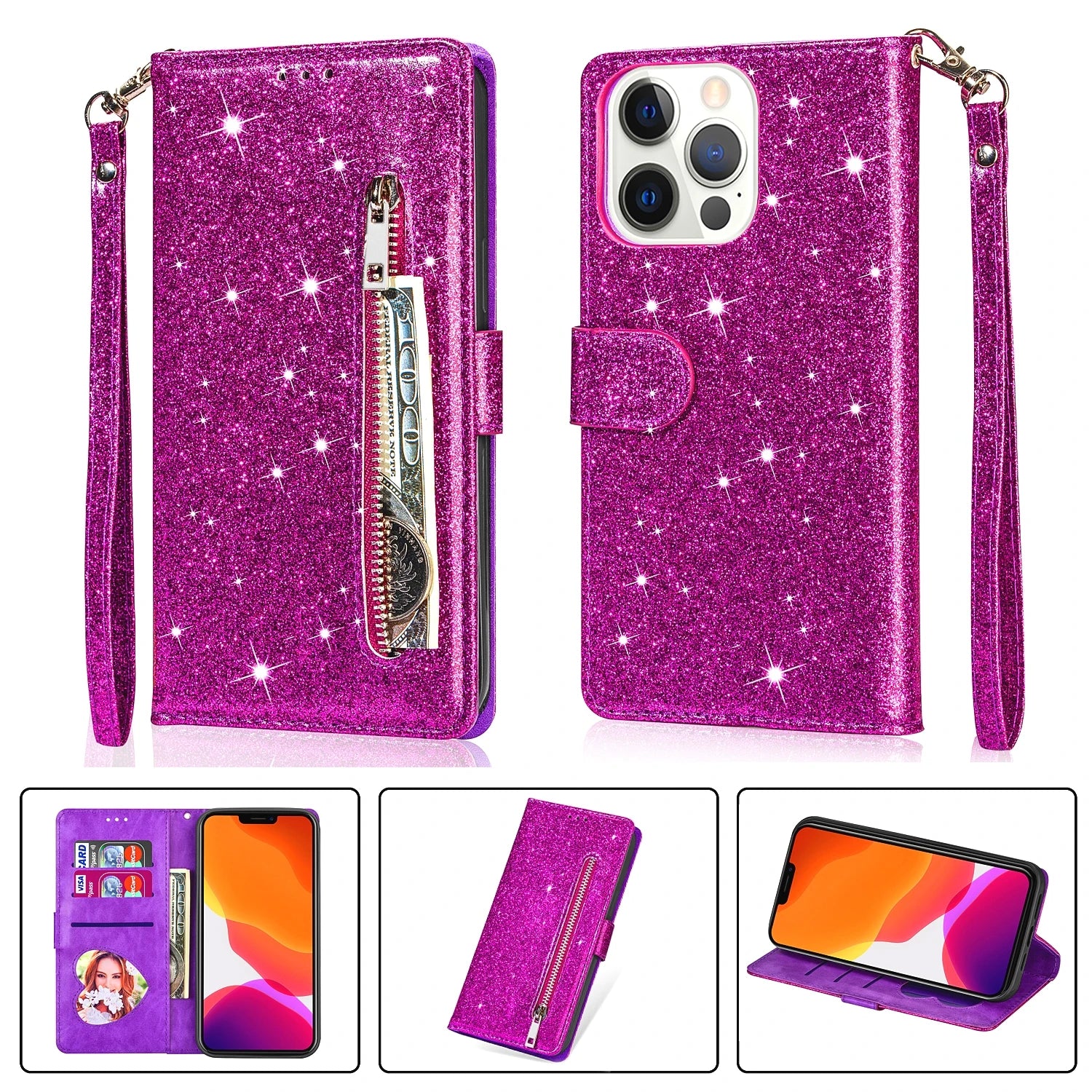 Color: Beige, Material: Cotton Fabric - Zipper Flip Wallet Glitter Leather Case For Iphone 16 15 14 13 12 11 Pro Max Xs Xr 8 7 Plus Se 2022 Mini Bling Stand Phone Cover