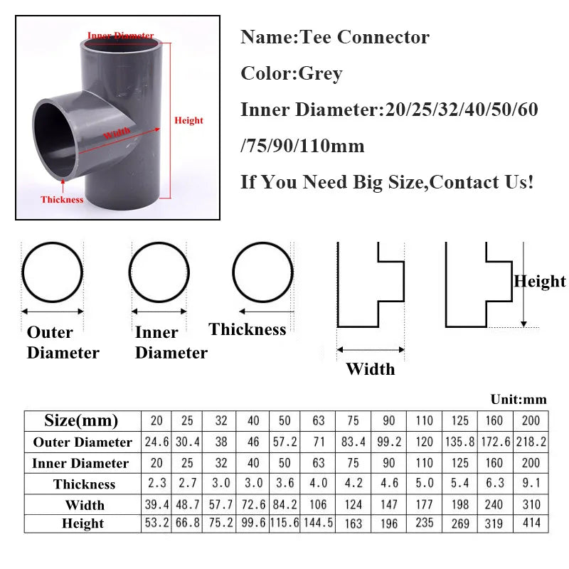 Color: Silver, Diameter: 1/4'' - 2~20pcs Inner Dia 20~63mm Pvc Pipe Tee Connector Home Garden Irrigation Aquarium Fish Tank Tube Watering Adapter Fittings Joint