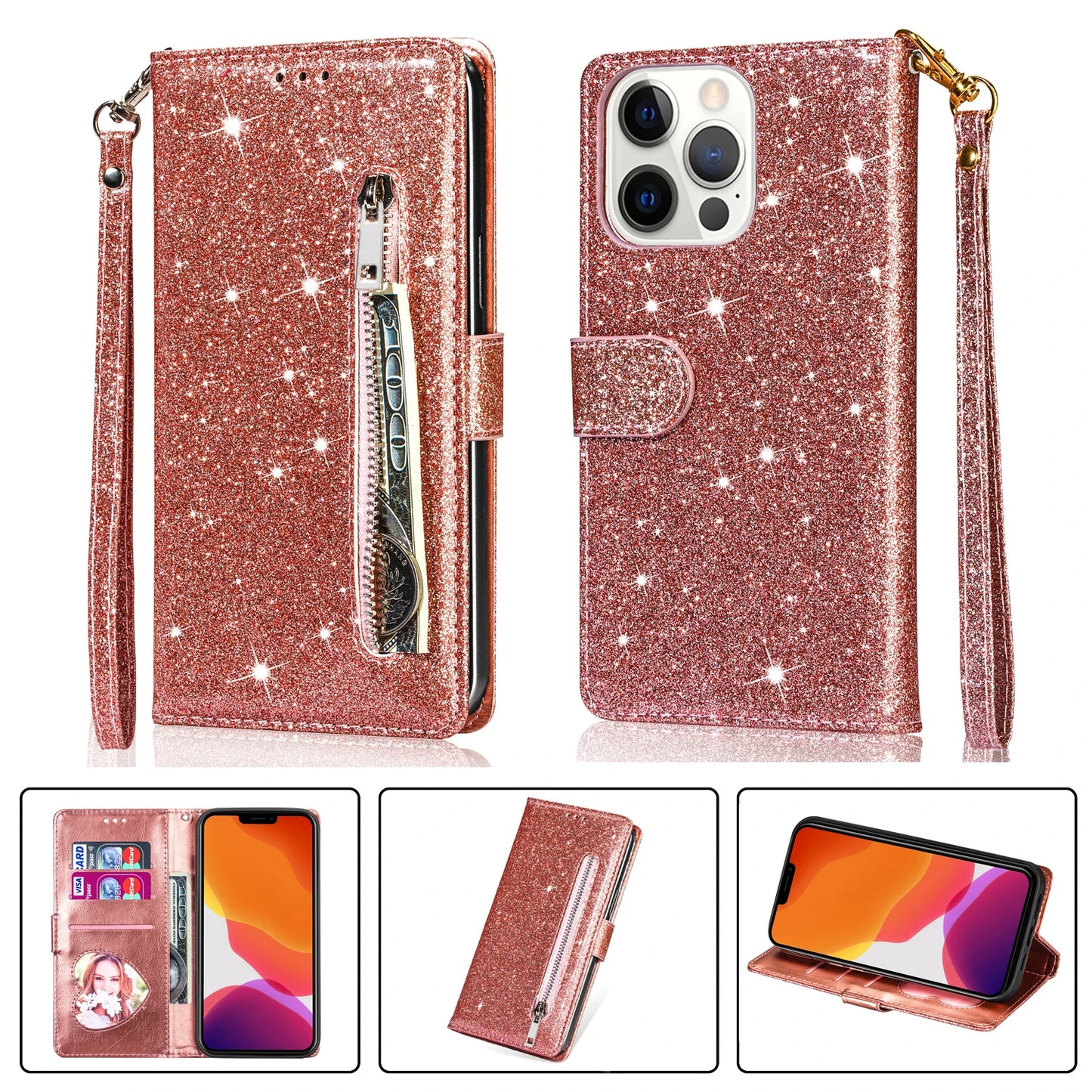 Color: Beige, Material: Cotton Fabric - Zipper Flip Wallet Glitter Leather Case For Iphone 16 15 14 13 12 11 Pro Max Xs Xr 8 7 Plus Se 2022 Mini Bling Stand Phone Cover