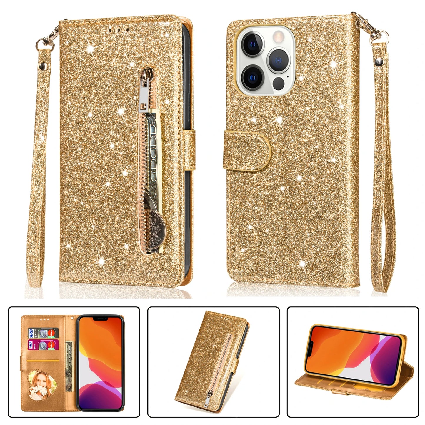 Color: Beige, Material: Cotton Fabric - Zipper Flip Wallet Glitter Leather Case For Iphone 16 15 14 13 12 11 Pro Max Xs Xr 8 7 Plus Se 2022 Mini Bling Stand Phone Cover