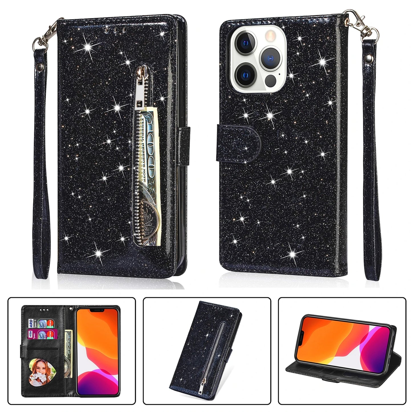 Color: Beige, Material: Cotton Fabric - Zipper Flip Wallet Glitter Leather Case For Iphone 16 15 14 13 12 11 Pro Max Xs Xr 8 7 Plus Se 2022 Mini Bling Stand Phone Cover