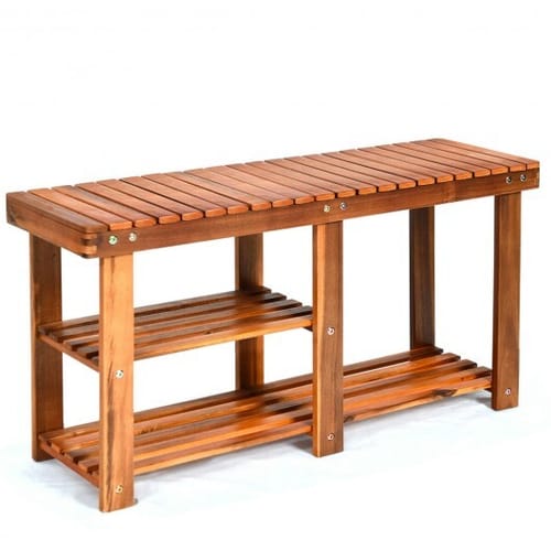 3-tier Freestanding Wooden Shoe Organizer With Seat - Color: Natural
