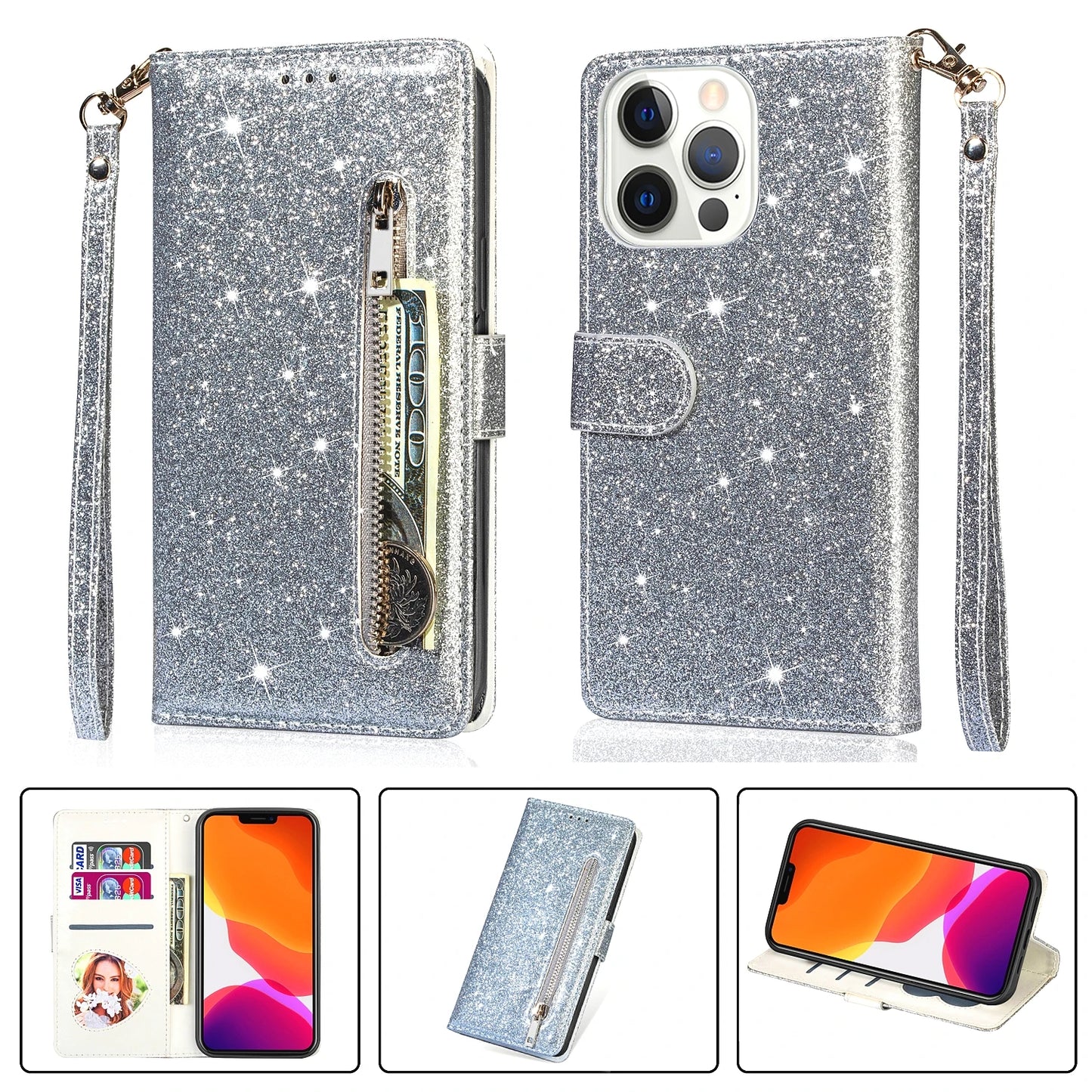 Color: Beige, Material: Cotton Fabric - Zipper Flip Wallet Glitter Leather Case For Iphone 16 15 14 13 12 11 Pro Max Xs Xr 8 7 Plus Se 2022 Mini Bling Stand Phone Cover