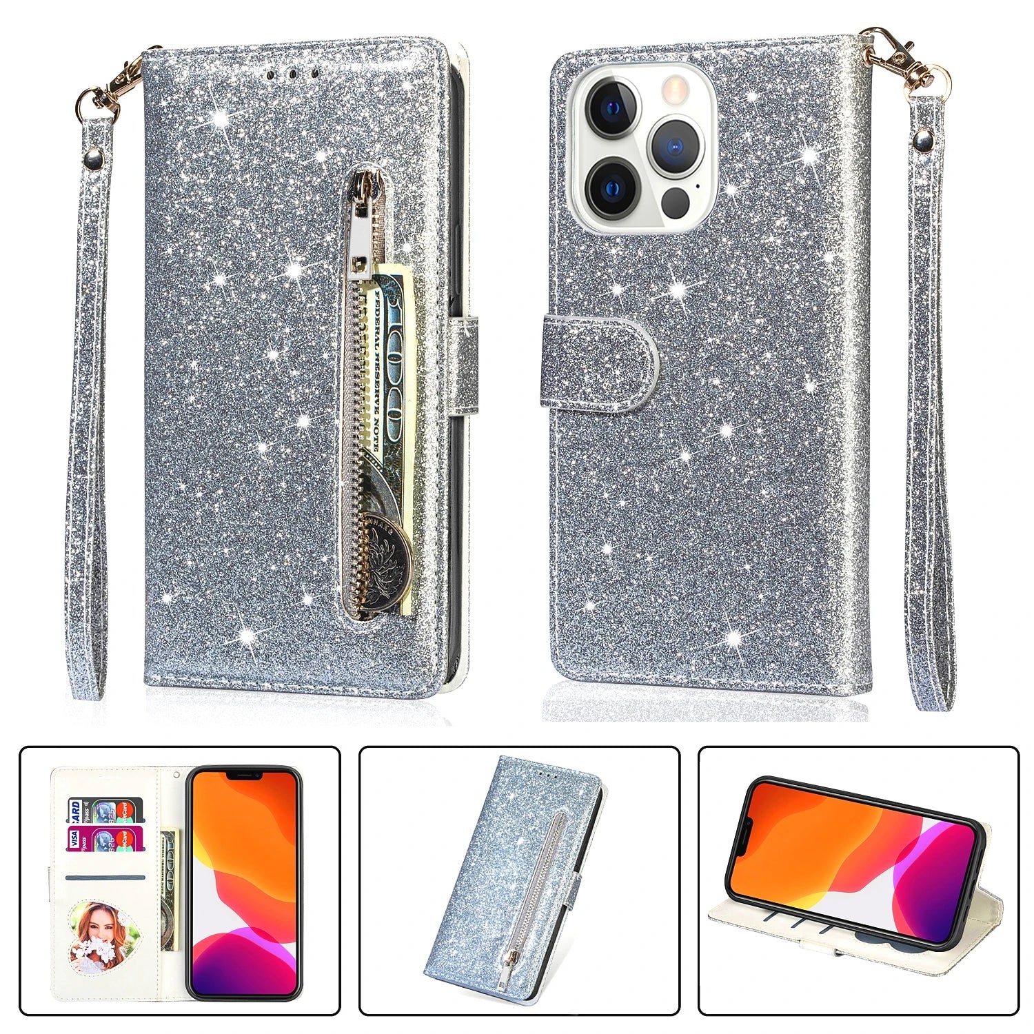 Color: Beige, Material: Cotton Fabric - Zipper Flip Wallet Glitter Leather Case For Iphone 16 15 14 13 12 11 Pro Max Xs Xr 8 7 Plus Se 2022 Mini Bling Stand Phone Cover