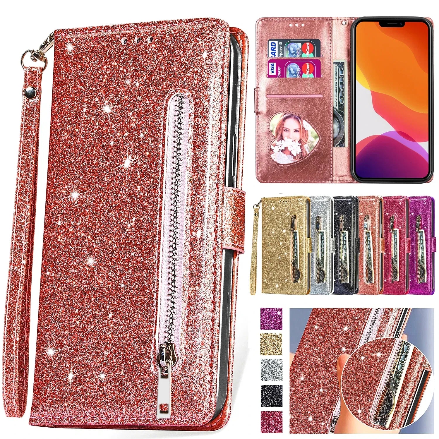 Color: Beige, Material: Cotton Fabric - Zipper Flip Wallet Glitter Leather Case For Iphone 16 15 14 13 12 11 Pro Max Xs Xr 8 7 Plus Se 2022 Mini Bling Stand Phone Cover