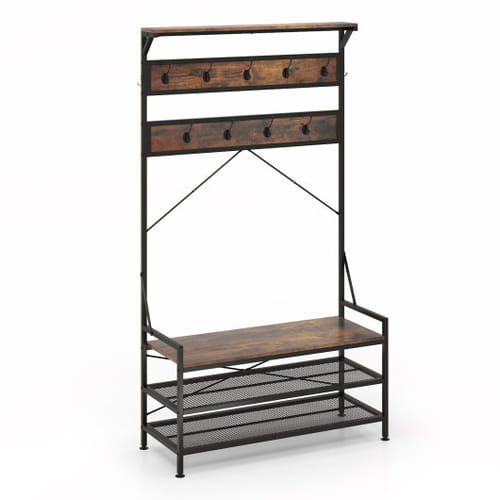 Coat Rack 4-in-1 Hall Tree With 11 Hanging Hooks Shoe Bench-rustic Brown - Color: Rustic Brown