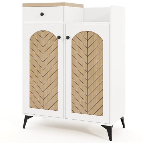 2-door Shoe Rack Organizer With Drawer And 6 Removable Shelves-white