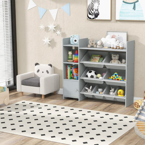 4-tier Kids Bookshelf And Toy Storage Rack With 8 Toy Organizer Bins-grey - Color: Gray