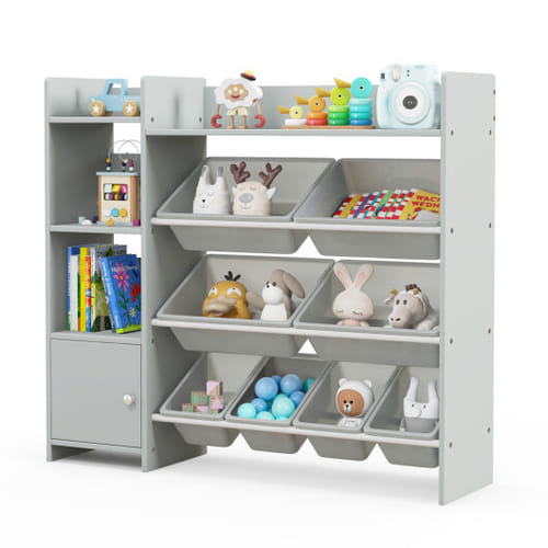 4-tier Kids Bookshelf And Toy Storage Rack With 8 Toy Organizer Bins-grey - Color: Gray