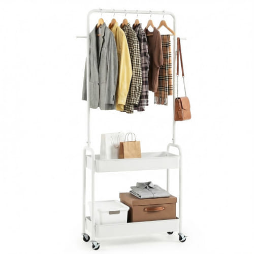 Heavy-duty Laundry Cart With Hanging Rod And 2 Storage Baskets For Bedroom-white - Color: White