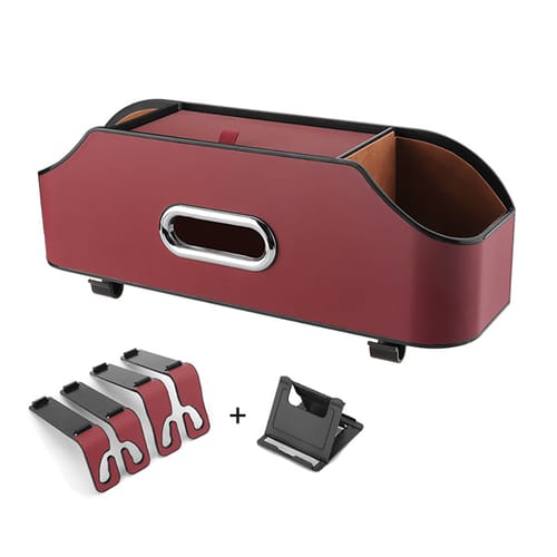 Car Headrest Backseat Organizer Partition Design Multi-functional Storage Box With Cup Holder Tissue Box Headrest Hook Brick Red
