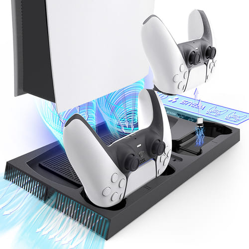 Multi-function Vertical Stand With Charging Station Cooling Fan Gamepad Heat Dissipation Charger Compatible For Ps5 Console Gaming Accessory Black
