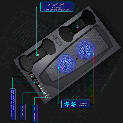 Multi-function Vertical Stand With Charging Station Cooling Fan Gamepad Heat Dissipation Charger Compatible For Ps5 Console Gaming Accessory Black