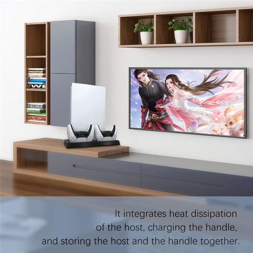Multi-function Vertical Stand With Charging Station Cooling Fan Gamepad Heat Dissipation Charger Compatible For Ps5 Console Gaming Accessory Black