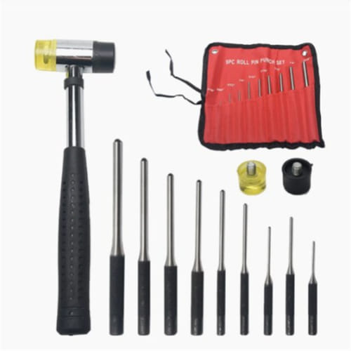 Professional Roll Pin Punch Tools Set With Hammer Woodworking Removing Repair Tools With Storage Pouch Pin Punch + 25mm Rubber Double-sided Hammer + Two Accessory Heads