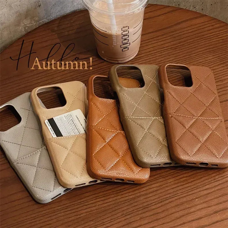 Color: Beige, Material: Microfiber - Luxury Lattice Pattern Leather Cover For Iphone 16 15 14 13 Pro Max Credit Card Slot Holder Purse Wallet Shockproof Phone Case