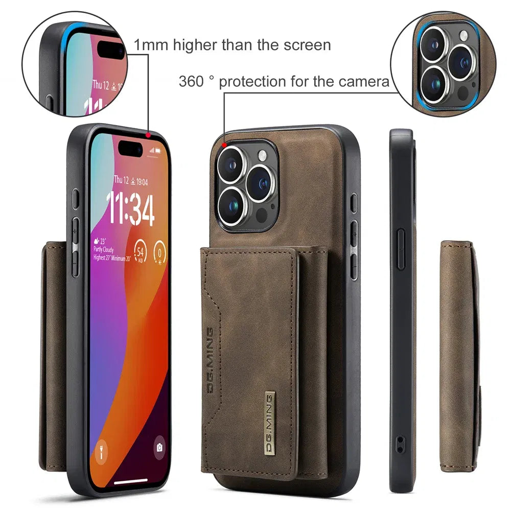 Color: Beige, Material: Aluminum - 2 In 1 Case For Iphone 16 15 14 13 12 11 Pro Max Plus Xs Max Xr 8 Plus Se 2022 Wallet Magnetic Leather Card Holder Pocket Cover