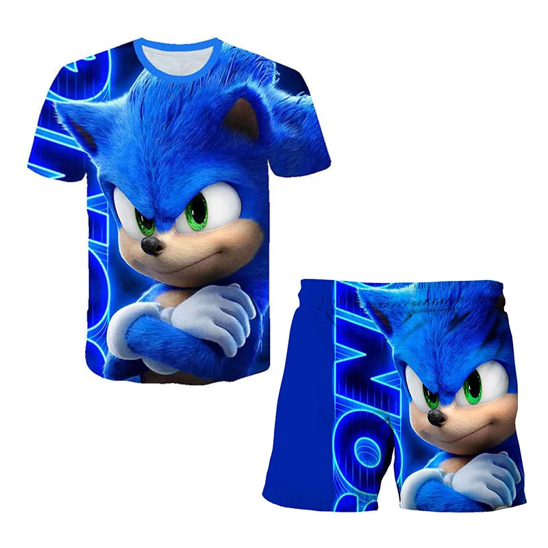 Color: Pink, Size: M - New Japanese Cartoon Sonic T-shirt Children's Top T-shirt Shorts Two-piece Set Summer Boy Cartoon Cute T-shirt+beach Pants