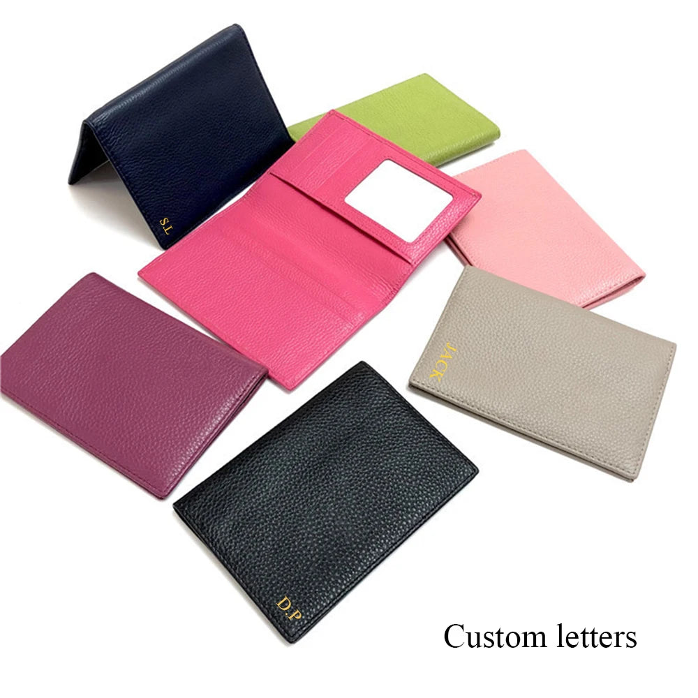 Color: Pink - 100% Cowhide Passport Holder Factory Genuine Leather Engrave Letters Men Women Passport Cover Customized Name Travel Card Wallet