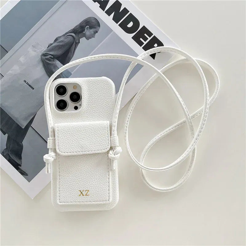 Color: Beige, Material: Nylon - Personalized Gold Silver Letters Leather Pu Card Holder Lanyard Hard Case For Iphone 14 13 12 11 15 Pro Max Xs Xr 16 Plus Cover